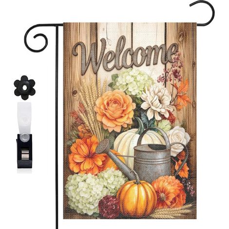 Drapeau vertical mur de briques et fleurs orange 30 x 45 cm décoration saisonnière cour (1/5)