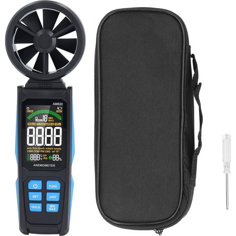 Anémomètre numérique portable pour mesurer la vitesse du vent, la température et l'humidité, avec écran LCD rétroéclairé et rotation à 180°. (1/5)