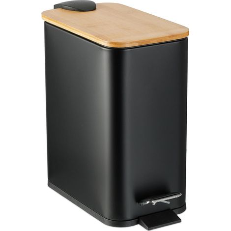 Poubelle de Salle de Bain, 5 litres, métallique, Seau intérieur Amovible, Couvercle en Bambou, Noire (1/5)