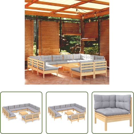 Terrassensofa - 12-tlg. Garten-Lounge-Set mit Grauen Kissen Kiefer Massivholz (1/5)