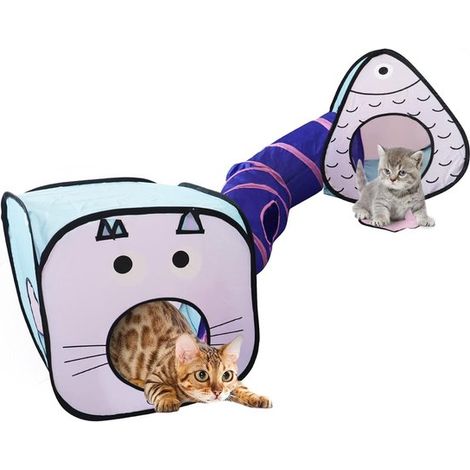 Tunnel et cubes de jeu pour chat – Tunnel pliable et froissant avec cubes interactifs – Aire de jeux pour chats lapins chiots et furets – Pour se cacher jouer chasser et se reposer – Motifs chat et po (1/5)