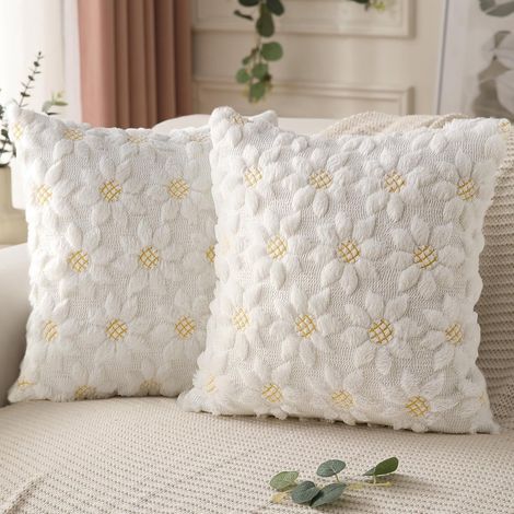 Kissenbezug mit Muster, 45 x 45 cm, Landhausstil, geeignet für Sofa, Urlaub, Frühlingsdeko (Weiß), 2er-Set (1/5)