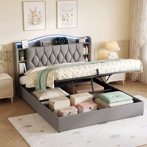 Doppel-Stauraumbett 140x200 cm aus Samt, Erwachsenen-/Jugendbett mit Lattenrost, gepolstertes LED-Kopfteil, hydraulischer Bettkasten und USB/Typ-C-Anschlüsse - Grau