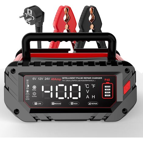 40A Chargeur Batterie Voitures 6V 12V 24V, Chargeur de Batterie Intelligent Entièrement Automatique avec LCD pour Batteries Plomb-Acide (AGM, EFB, Gel, Calcium, SLA, VRLA) et Lithium/LiFePO4 (1/5)