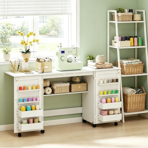 Mesa de costura plegable 160x40x81,5 cm blanca con almacenaje FloraGrace (1/5)