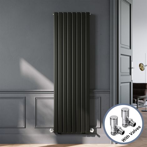 ELEGANT Designer Black Vertical Radiator 1800 x 544mm Double Panel Flat Panel Rads with Chrome Angled Radiator Valves (1/5)