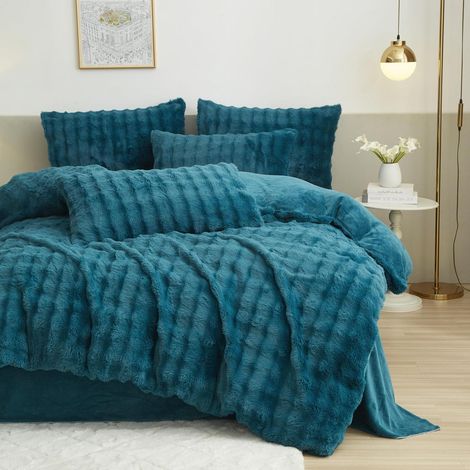 Winter Bettwäsche Set 155x220cm Plüsch Petrol Blau mit 2 Kissenbezügen 80x80cm