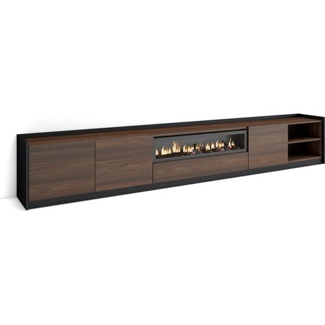 Skraut Home - Mobile TV Soggiorno, 310x37x50cm, Per TV fino a 80", Camino elettrico, Rovere scuro e Nero