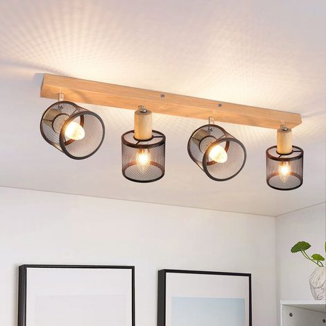 GBLY Deckenstrahler Schwarz Deckenlampe Holz - Deckenleuchte E14 Deckenleuchte Schwenkbar 350° 4 Flammig Max.25w Wohnzimmerlampe Modern Für Wohnzimmer Schlafzimmer Küche Flur Innen Holzoptik