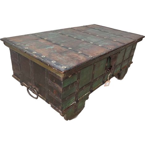 Mesa baúl de madera acabado artesanal marrón 131x72x53h cm
