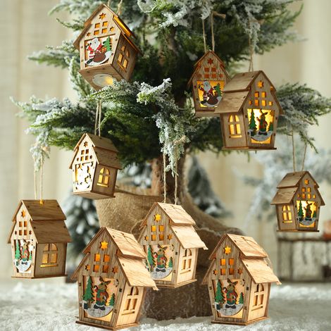 LED-beleuchtetes Holzhaus, Weihnachtsdekoration, hängender Baum, Weihnachtsbaumparty, Wintergeschenkset (1 Stück) (1/5)