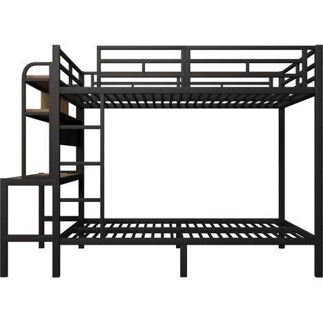 Litera 140 x 200 cm de metal con escritorio, estantes, tira LED y puerto USB, negro (1/5)