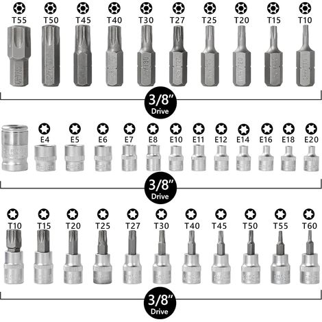 Coffret de douilles Torx mâles et femelles, outils à main - 34 pièces, coffret de douilles Torx pour une utilisation manuelle sur voitures, camions, machines et autres travaux, avec coffret de rangeme (1/4)