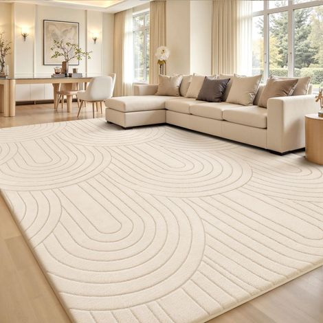 Tapis de Salon, 140x200cm, 3D à Motif Semi-Circulaire, crème, Lavable, Moelleux, antidérapant, pour Chambre à Coucher, Chambre d'enfant (1/5)