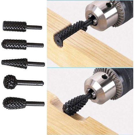 1/4" 6mm Rotary Burr Set Power Tools Wood Grinding Engraving Carving File Rasp Drill Bits Rotary Burrs Shank Bit Set for Woodworking Kit Pack of 5（Black） (1/5)