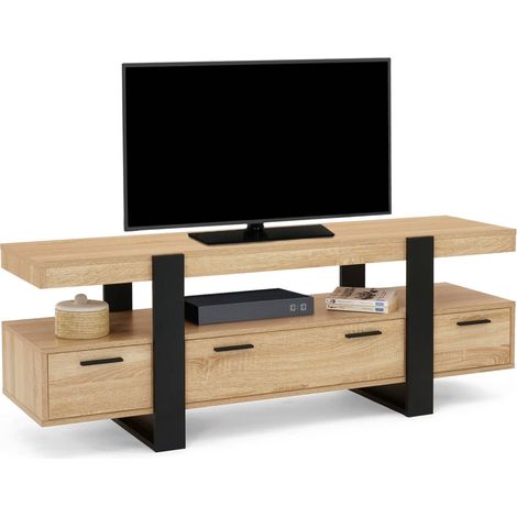 Idmarket – Meuble TV 140 cm avec 2 tiroirs en bois mélaminé noir – Plateau pour écran jusqu'à 60 pouces – Dimensions 140x40x50 cm