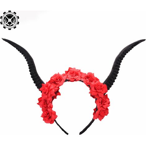 Lolita Halloween Cosplay: Black Antelope Horn Hair Accessory, Gothic Dark Devil Horn, Red Flower Headband (1/5)