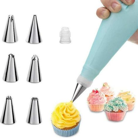 Kit de décoration de gâteaux DIY bleu en acier inoxydable 8 pièces avec 6 douilles, 1 poche à douille et 1 adaptateur (1/5)