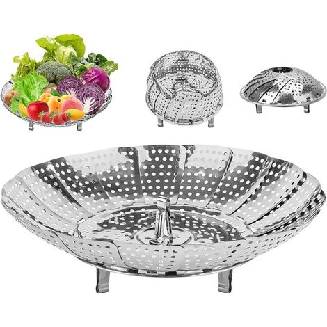 Panier vapeur pliable en acier inoxydable, diamètre 23 cm, cuiseur vapeur pour légumes et aliments, compatible avec différentes casseroles, argent (1/5)