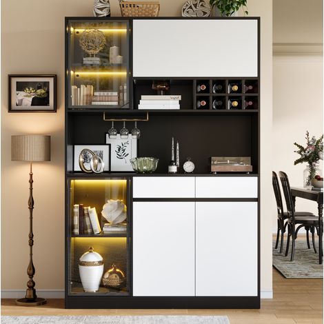 Aparador alto LED 120 x 35 x 180 cm, puertas de vidrio y botellero DESVIAE (1/5)
