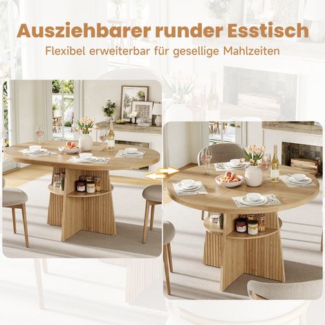 Table ronde extensible 110-150x110x77,5 cm, table de cuisine pour 2 à 8 convives, table à manger compacte avec rallonge intégrée et rangement caché, table en bois design aspect naturel, peu encombrant (1/5)