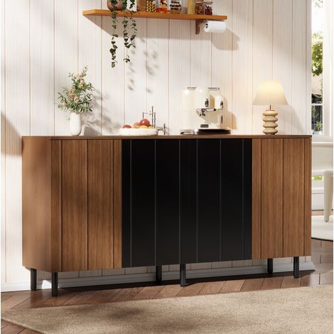 Buffet 160x35x80 cm en panneaux de bois noir et noyer, avec rangement pour salle à manger FloraGrace (1/5)