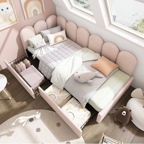 Cama de terciopelo rosa 90x190 cm con 2 cajones, somier de láminas y diseño tipo daybed (1/5)