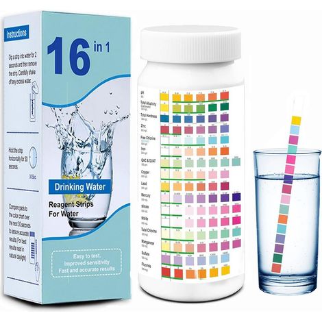 Trinkwasser-Testset, Haushaltswasser-Testset, 16-in-1-Wasserqualitätstester, Teststreifen-Set mit 100 Teststreifen für Trink-/Badewasser