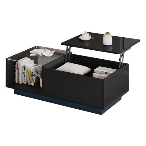 Table basse LED — Table de salon haute brillance (Hauteur réglable, avec rangement dissimulé et étagère)