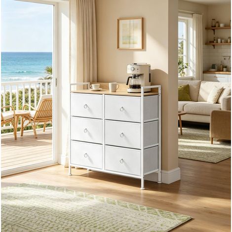 Commode 6 tiroirs 80x29x78 cm bois, métal et tissu blanc rangement gain de place – MEUBLIV (1/5)