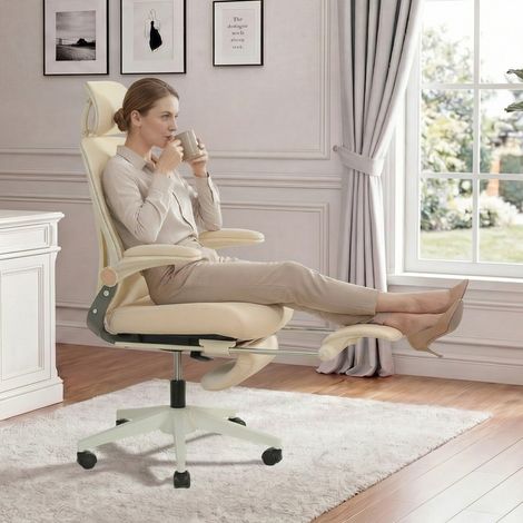 STILVORA Silla de oficina ergonómica ajustable con reposacabezas 3D y reposapiés, de espuma, crema (1/5)
