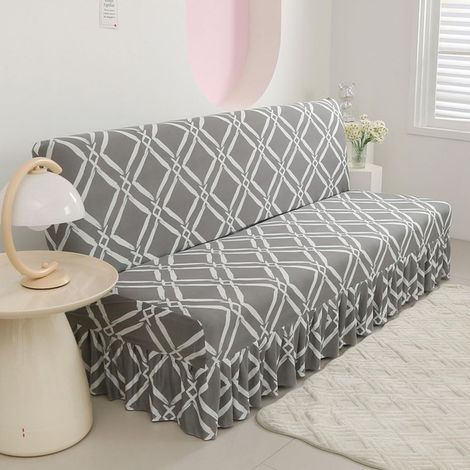 JSSEVN - Armless Sofa Cover with Skirt, Sofa Protector Cover, Geometric Armless Sofa Cover, Convertible Bed (L:190-225cm, Diamond Grey) (1/5)