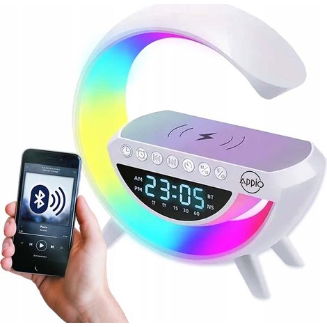 5W Chargeur sans fil Lampe Led Réveil Lampe d'ambiance Lampe de table intelligente avec haut-parleur Bluetooth Feux de course éblouissants 7 Modes Lumières pour bureau Chambre Cadeau (1/5)