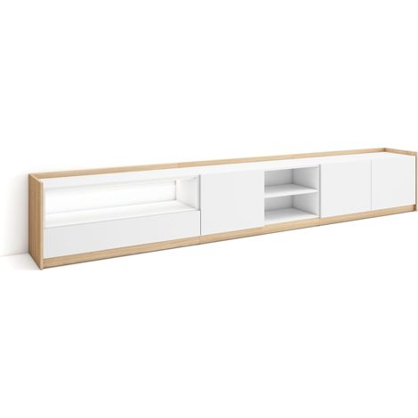Skraut Home - Mueble TV, Televisión, Muebles de salón, almacenaje, 310x37x50cm, Para TV hasta 80", LED, Estilo Moderno, Blanco y roble soft (1/5)