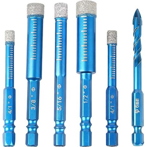 Juego de brocas de diamante para azulejos, juego de 6 brocas de diamante con vástago hexagonal: brocas de 6/8/10/12 mm + broca de carburo de 6 mm para cerámica, granito, vidrio, porcelana, azulejos, l (1/5)