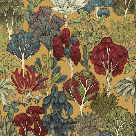 Carta da parati natura Profhome 377571 Carta da parati TNT liscia con ornamenti floreali opaca giallo rosso azzurro rosa-fucsia 5,33 m2