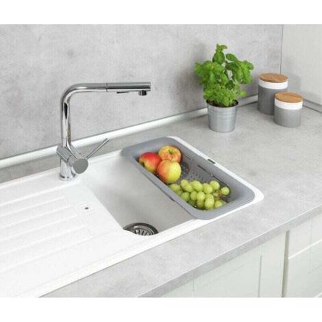 QORVA-Passoire d'évier Sivo, passoire pratique pour évier en plastique, laver les fruits et légumes, extensible jusqu'à 50 cm pour un travail hygiénique dans la cuisine, sans BPA, gris clair