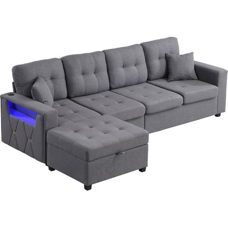 Divano angolare modulare a L con pouf contenitore, USB, Type-C, LED e tessuto lino grigio (1/5)