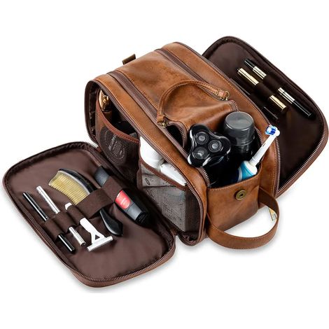Trousse de toilette pour hommes, sac en cuir PU, marron (24 x 15 x 16 cm) (1/4)