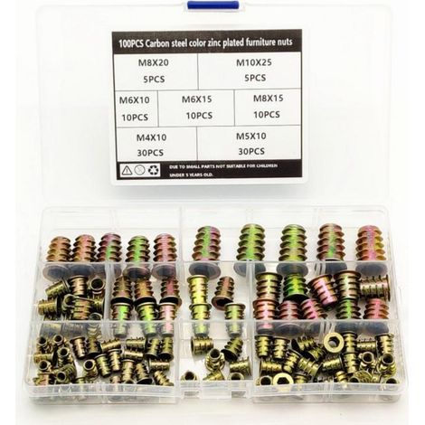 Kit d'outils multifonctionnels comprenant 100 écrous intérieurs et extérieurs, douilles à vis en alliage, inserts filetés et douilles pour meubles en bois. (1/5)