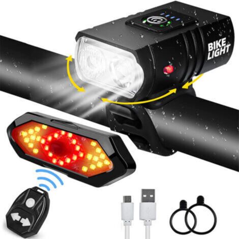Clignotant et feu arrière de vélo avec effets sonores + lumière de vélo super lumineuse de 1600 lumens, télécommande sans fil, 5 modes d'éclairage différents, rechargeable