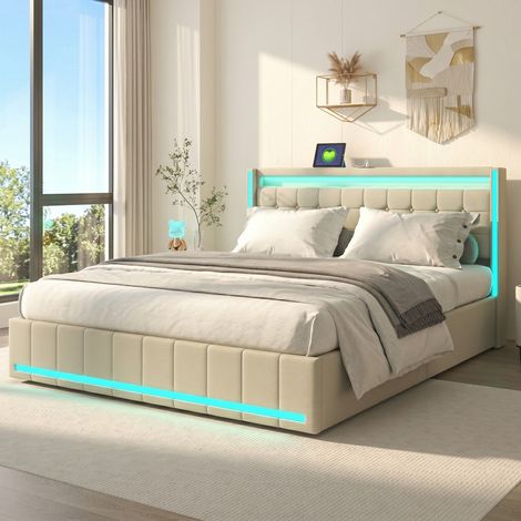 Lit Double 140x190, Lin Beige, Tête de Lit Rembourrée LED USB, 4 Tiroirs Rangement, Sommier à Lattes Cadre Métal, Meuble Chambre Moderne (1/5)
