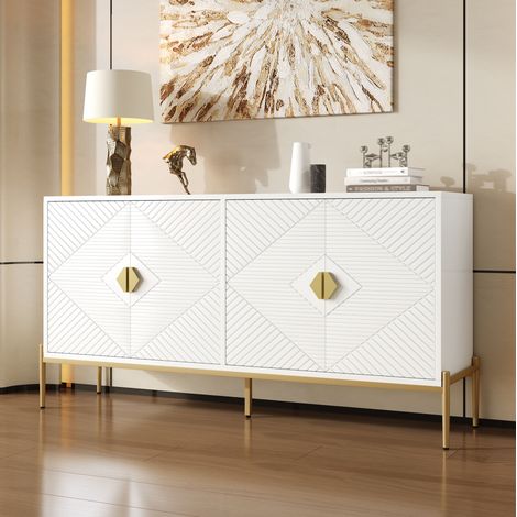 Buffet 162x40x80 cm blanc en MDF et panneaux de particules avec 4 portes à motifs géométriques et pieds en métal doré (1/5)