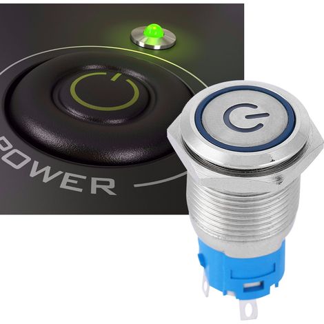 Blauer LED-Druckknopfring aus Metall mit flachem, rundem Kopf, selbstrückkehrend und mit Betriebssymbol, 16 mm (220 V) (1/5)