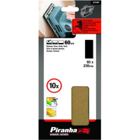 BLACK&DECKER - PIRANHA - 10 PEZZI - NASTRI ABRASIVI 93x230MM PER LEVIGATRICE ORBITALE - GRANA 60 SENZA FORI 