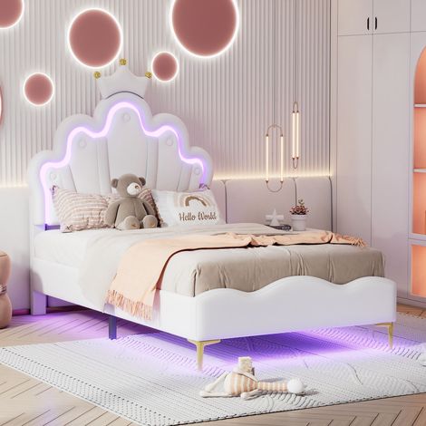 Lit princesse 90×200 cm blanc pu avec bande led d’ambiance – lit double design couronne (1/5)