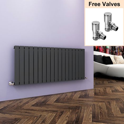 ELEGANT Horizontal Radiator Flat Panel 600x1368mm Designer Anthracite Radiator with Angled Radiator Valves (1/5)
