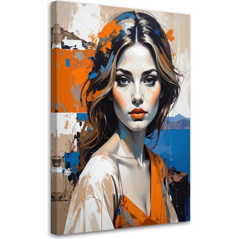 Cuadro en Lienzo Retrato femenino con acentos distintivos de naranja y azul 20x30 (1/5)