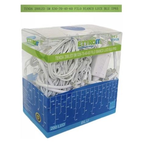 ETTROIT Tenda Luminosa 200 LED, 5Mt, Luce Blu, Cavo Bianco, IP65, Prolungabile, Effetto Flash , Con fili pendenti a lunghezze alternate (30-70-40-60 cm) per effetto a cascata