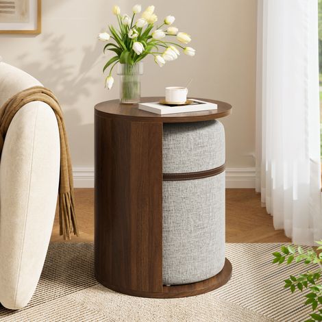 Mesa auxiliar con taburete integrado, redonda, 38 x 38 x 47,5 cm, MDF y pino, color nogal HAVRYA (1/5)